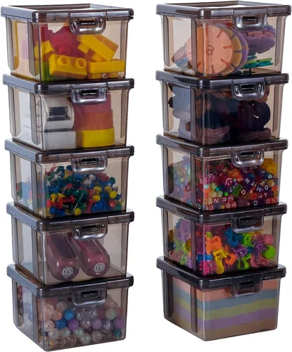 Paquete de 10 recipientes pequeños de plástico con tapas, cajas de almacenamiento apilables transparentes y organizadores para organizador de