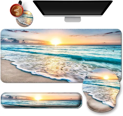 Alfombrilla para mouse + alfombrilla de escritorio + reposamuñecas para teclado + posavasos 4 en 1, bonita alfombrilla de mouse ergonómica grande