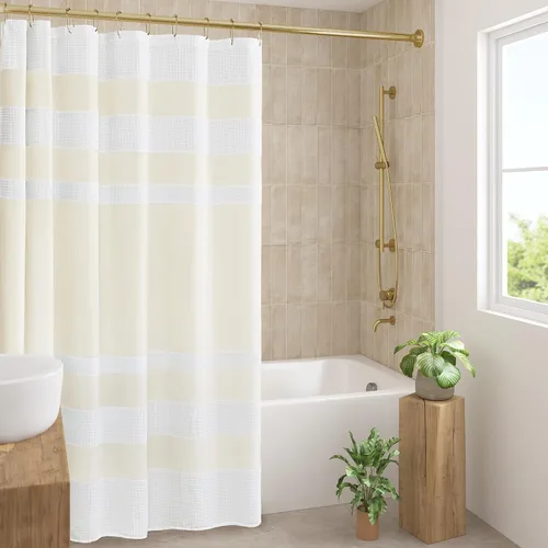 Miniatura 34 de Madison Park Cortina de ducha de tejido waffle con diseño a rayas en piezas, cortina de ducha de tela para baño con gestión de humedad 3M Rayas Taupe