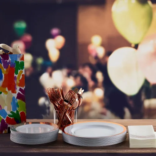 Miniatura 6 de By Madee PREMIUM - Juego de vajilla desechable elegante – Juego de platos y utensilios de plástico de oro rosa de 175 piezas con servilletas
