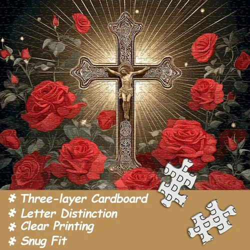 Miniatura 4 de Rompecabezas religioso cristiano para adultos de 1000 piezas, rompecabezas de Jesús de la Biblia católica, rompecabezas de flores de rosa roja