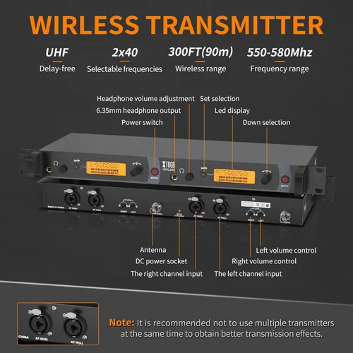 Miniatura 2 de XTUGA IEM1200 UHF Mono Wireless in Ear Monitor System 2 Channel 5 Bodypacks Monitoreo con auriculares, 40 frecuencias, montaje en rack
