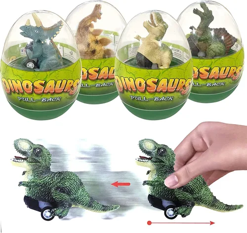 Paquete de 4 huevos jumbo con dinosaurio para tirar hacia atrás, vehículos de dinosaurio, juguetes en el interior para niños y niñas, cesta de