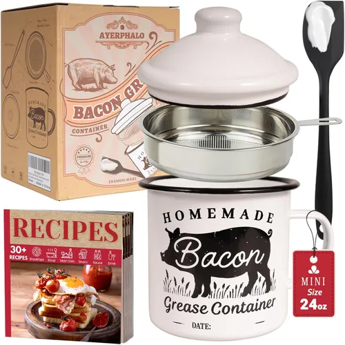 Miniatura 11 de Recipiente para grasa de tocino con colador - Con espátula de silicona de grado alimenticio de 24oz, recipiente rústico de grasa esmaltado