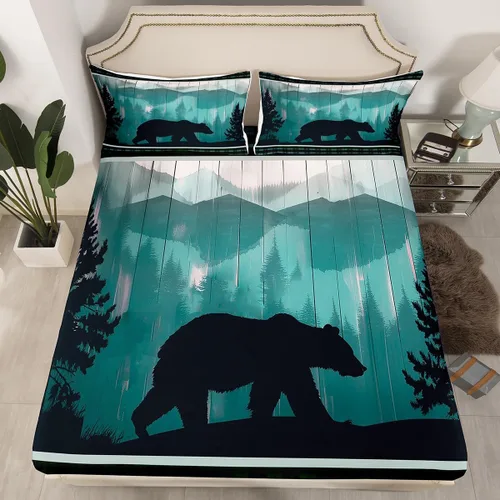 Manfei Sábana bajera ajustable de oso tamaño individual, funda de cama de animales salvajes con 1 funda de almohada, juego de ropa de cama de