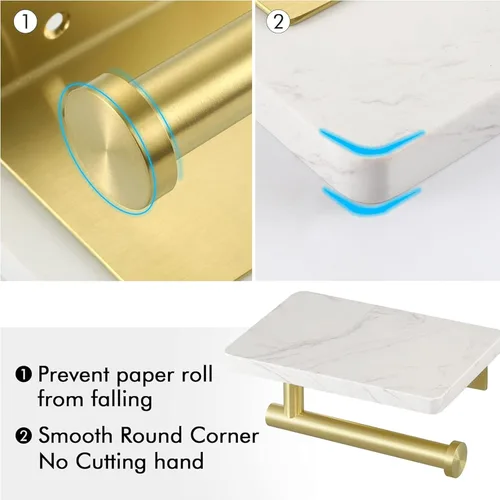 Miniatura 3 de Soporte de papel higiénico dorado cepillado con estante de mármol, soporte de papel higiénico montado en la pared de acero inoxidable 304, soporte