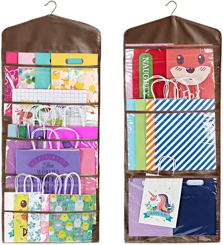 Miniatura 11 de Bolsa de regalo y almacenamiento de papel de seda, organizador colgante con múltiples bolsillos delanteros y traseros de doble cara, organiza papel