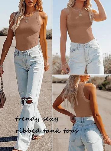 Miniatura 4 de Samefar Camiseta sin mangas de punto ajustado para mujer, sin mangas, espalda cruzada, casual, básica, acanalada