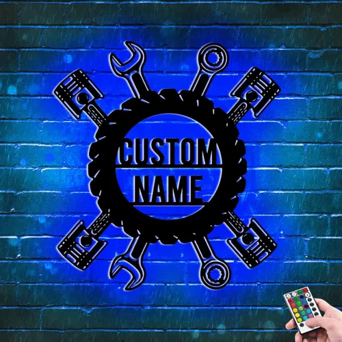 Miniatura 5 de Letrero de metal personalizado con nombre de luz LED para garaje para el día del padre, decoración de pared, caja de herramientas, letrero de metal