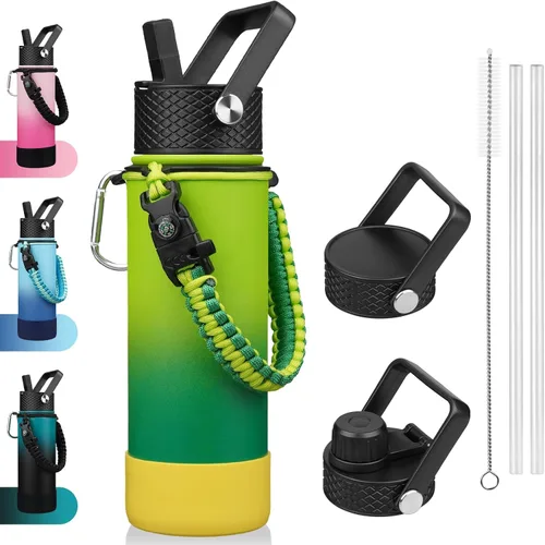Miniatura 14 de BJPKPK - Botella de agua con tapa de popote, botellas de agua aisladas de 18 onzas con 3 tapas, asa de cuerda de paracaídas y base antideslizante