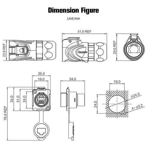 Miniatura 2 de Conector RJ45, conector circular industrial Ethernet impermeable IP67, conector de doble puerto de aviación 8P8C, conector de señal para el hogar