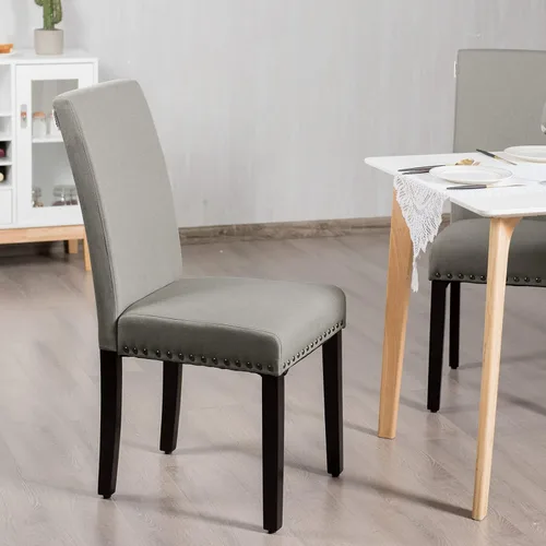 Miniatura 4 de Juego de 2 sillas de comedor tapizadas, sillas Parsons de tela con patas de madera maciza, ribete de cabeza de clavo, asiento acolchado, sillas