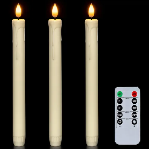 Miniatura 14 de Homemory 3 velas cónicas sin llama con temporizador remoto, velas blancas parpadeantes de 9.6 pulgadas, funciona con pilas, velas LED de plástico