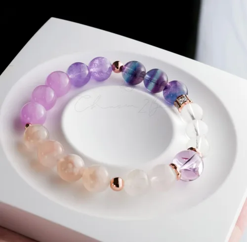 Miniatura 217 de Precious Gemstone Natural Crystal Healing Bracelet, Rutilated Quartz, Moonstone, Quartz Handmade Original Design Bracelet
