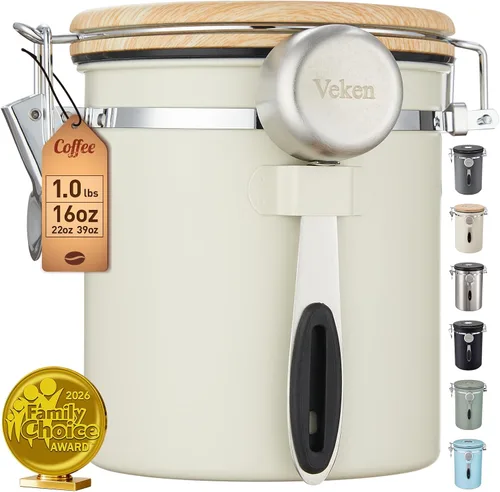 Miniatura 11 de Veken - Recipiente hermético para café de acero inoxidable, contenedor de almacenamiento de alimentos para la cocina con registro de fecha y cuchara