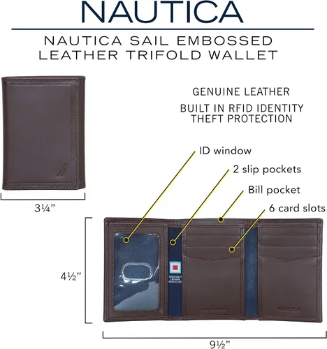 Miniatura 29 de Nautica Men's Trifold Wallet RFID Blocking Protection ID Window Card Slots Genuine Leather Durable