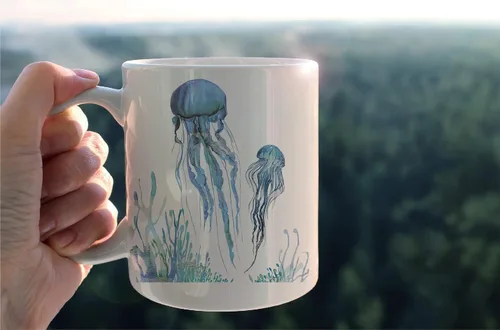 Miniatura 3 de kunlisa Taza de cerámica de medusas de acuarela, taza de cerámica para parejas de medusas de vida marina, taza de té con leche de 11 onzas, regalos