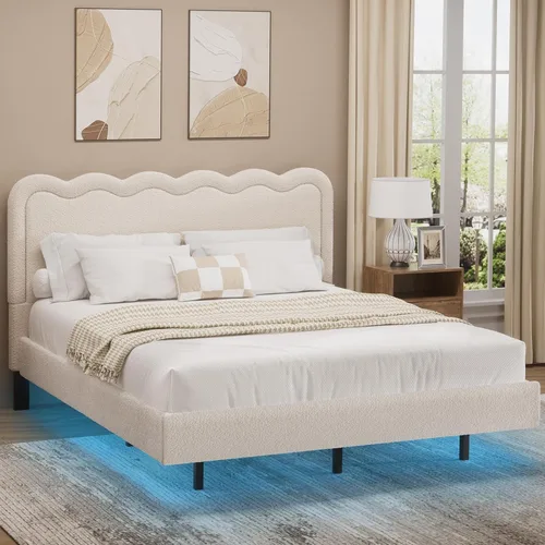 Miniatura 11 de Base de cama tamaño Queen, marco de cama Boucle con cabecera ajustable, cama de plataforma tapizada moderna con listones de madera, esquinas Beige
