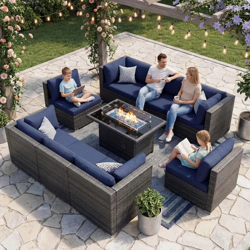 Miniatura 119 de NICESOUL Juego de muebles de patio para exteriores de 7 piezas con mesa para hoguera, gas natural y propano convertible, respaldo alto de 29.3