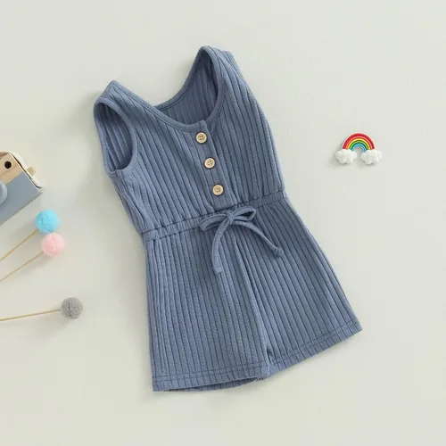 Miniatura 18 de Traje de verano para niña pequeña, de manga corta, acanalado, overol liso, pantalones cortos, ropa para recién nacidos
