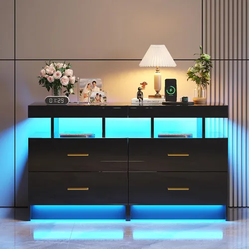 Miniatura 7 de HNEBC Mesita de noche LED, mesita de noche negra con estación de carga, USB + tipo C + carga inalámbrica, mesita de noche inteligente con sensor