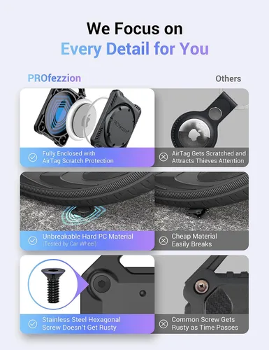 Miniatura 5 de PROfezzion Secure Air Tag Holder Case with Key Ring, 3M Adhesive Mount and Loop Strap for Keychain, Dog Collar, Backpack, Luggage Bag, Bike, Car &