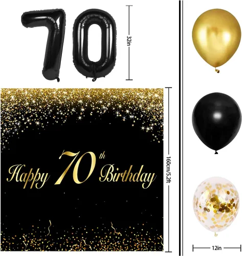Miniatura 2 de Juego de globos negros de feliz cumpleaños 70 – Decoración de guirnalda temática de fiesta con texto en inglés "Cheers to 70 Years Old Party Theme
