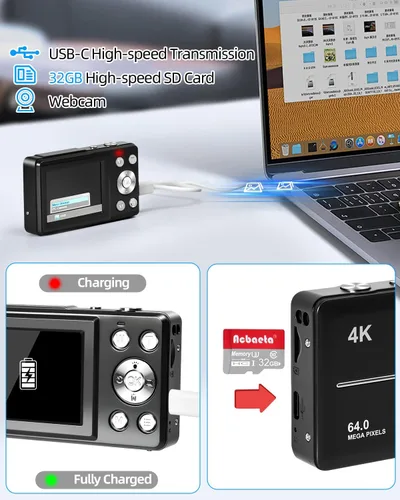 Miniatura 6 de Cámara digital 4K para fotografía, enfoque automático de 64 MP, tarjeta TF de 32 GB, pantalla LED de 2.8 pulgadas, zoom 18X, antivibración, cámaras