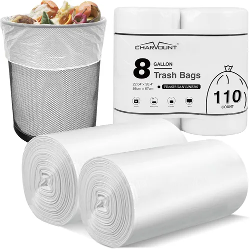 Charmount Bolsas de basura de 8 galones, 110 bolsas de basura medianas para baño, cocina, oficina, transparentes, sin perfume