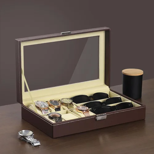Miniatura 10 de AUTOARK AW-004 - Caja de cuero para 6 relojes y 3 lentes y gafas de sol con organizador de joyas, cajas de almacenamiento para hombre y mujer, tapa