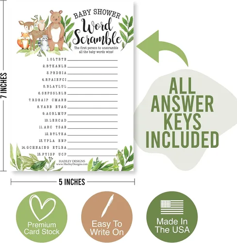 Miniatura 8 de Hadley Designs 25 Woodland Word Scramble para baby shower, 25 juegos verdaderos o falsos, 25 juegos de trivia, 25 Find the Guest - 4 tarjetas