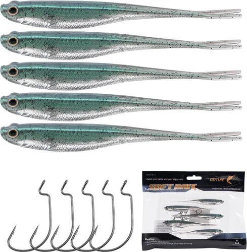 Miniatura 2 de Goture Kit de cebos de plástico suave con ganchos de gusano, cebos de baño rectos/remo / tenedor, cebos suaves para sábalo jerkbait para trucha