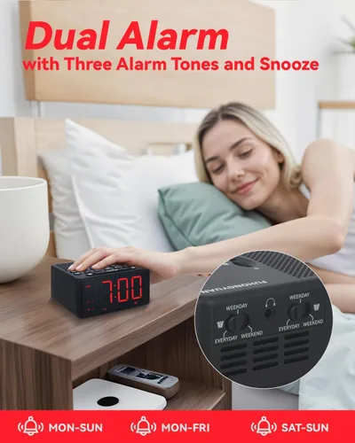 Miniatura 4 de Reloj de alarma digital con radio AM/FM, preajustes, alarmas duales, alarma de días laborables/fines de semana, función de repetición, temporizador