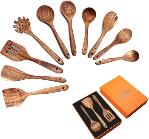 Miniatura 7 de Juego de utensilios de cocina de madera de teca, 7 piezas, utensilios de cocina de madera, incluye espátula