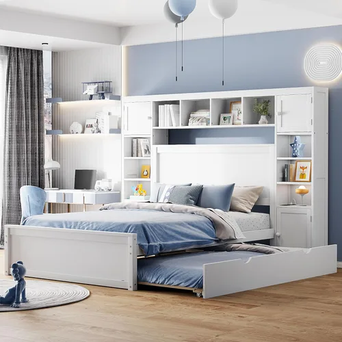 Miniatura 22 de Cama de plataforma tapizada de tamaño matrimonial con nido, cama con plataforma tapizada de vellón de peluche con soporte de listones de madera