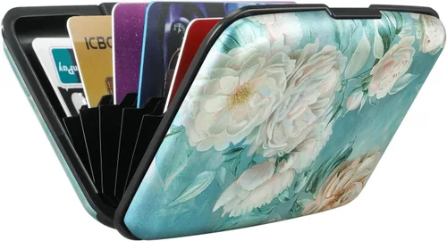 Miniatura 229 de ELFISH Mini cartera de aluminio RFID para tarjetas de crédito, funda de identificación de metal para hombres y mujeres, Happy Flower, Cartera Rfid