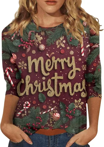 Miniatura 34 de Camisetas de manga 3/4 para mujer, cuello redondo, holgadas, casuales, con estampado floral, camisetas de moda para el trabajo de negocios