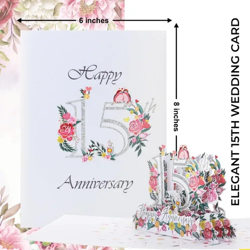 Miniatura 6 de iGifts And Cards Tarjeta desplegable 3D de 15 aniversario – aniversario de boda de 15 años para pareja, recuerdo romántico para marido, esposa