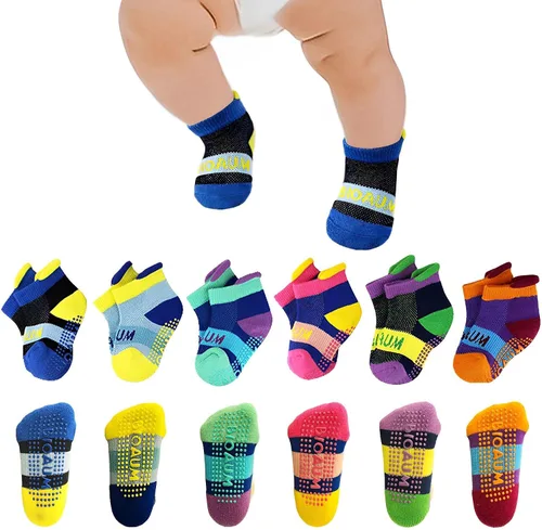 BIOAUM Calcetines de bebé de 0 a 12 meses Calcetines de agarre para bebés recién nacidos, niños y niñas, antideslizantes, 6 pares