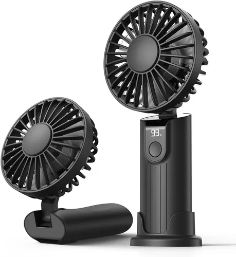 Ventilador de mano portátil con batería de 5000 mAh y pantalla de batería en tiempo real, ajustable en 180°, recargable por USB, diseño plegable
