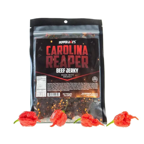 Miniatura 2 de Pepper Joe's Carolina Reaper Beef Jerky – Cecina de res picante peligrosamente deliciosa con pimienta más picante del mundo y cortes de pechuga