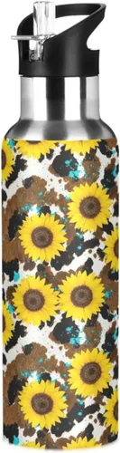 Yellow Sunflowers Rustic Cow Print Stainless Steel Water Bottle 20 Oz Leakproof Water Bottles, BPA-Free Sport Water Bottle Insulated