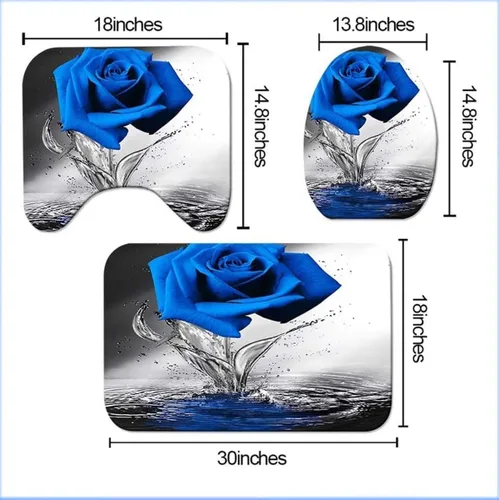 Miniatura 3 de Juego de baño Blue Rose con cortina de ducha y alfombras antideslizantes, tapete de baño, cubierta para tapa de inodoro y 12 ganchos fuertes
