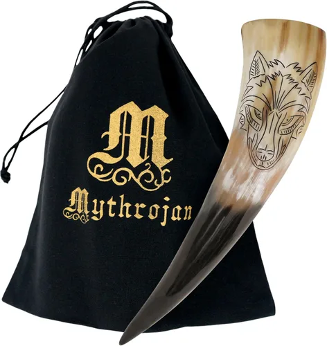 Miniatura 33 de Mythrojan Cuerno vikingo para beber 100% natural, auténtico, decoración de latón, cuerno nórdico con funda de cuero negro, bolsa de lona para vino