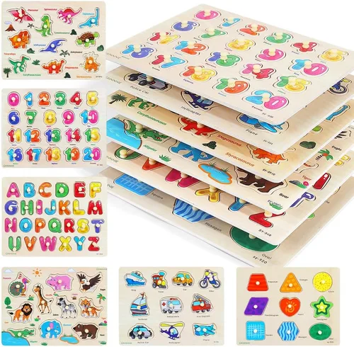 GRINNNIE Rompecabezas de Clavijas de Madera para Niños Pequeños, Paquete de 6 Rompecabezas para Niños de 3 4 5 Años (Alfabeto Número Forma Animal