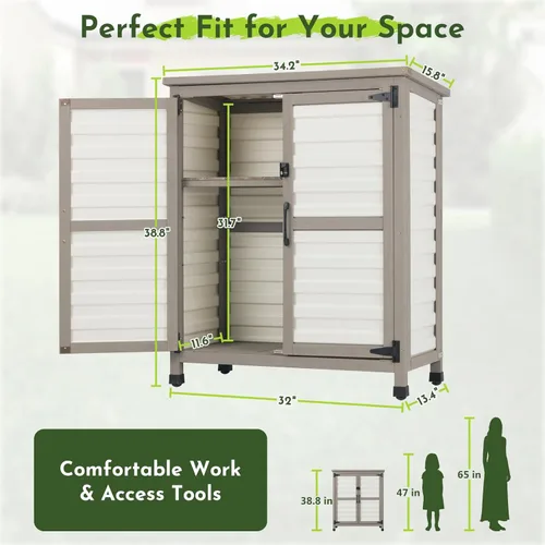 Miniatura 3 de Pequeño armario de almacenamiento para exteriores con estante, cobertizo de almacenamiento de madera blanca y plástico con techo impermeable