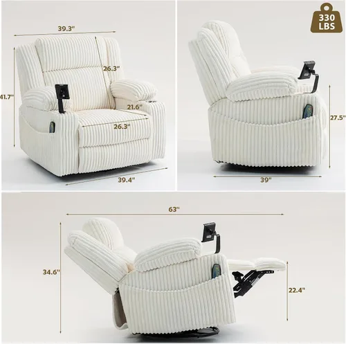 Miniatura 2 de SINCRUMI Mecedora reclinable giratoria de gran tamaño con reposacabezas ajustable de doble motor para adultos, mecedora con vibración y calor