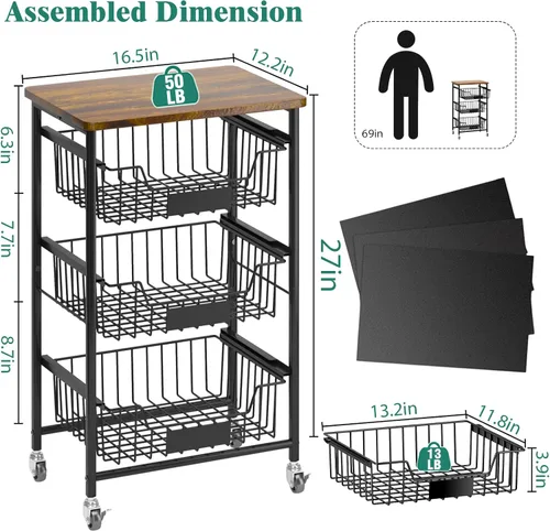 Miniatura 6 de CHLORYARD Cesta de frutas y verduras de 4 niveles, carrito rodante con ruedas con cestas extraíbles y parte superior de madera para cocina, comedor