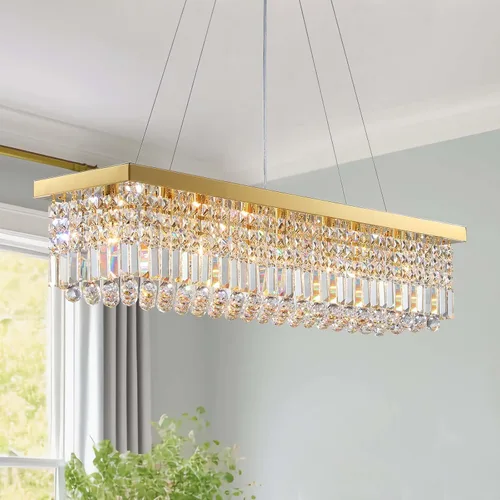 Miniatura 16 de 7PM Candelabro de cristal dorado moderno rectangular candelabros para comedor, lámpara colgante rectangular para isla de cocina y dormitorio, 31.5