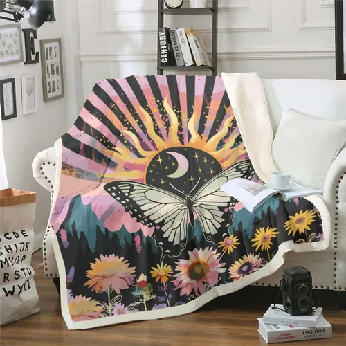 Miniatura 17 de Manta de vellón Kawaii Mushroom Boho – Hippie Groovy Floral Sherpa Queen – 60s 70s Retro Vintage Theme Throw – Chic Daisy Flower Plush Geometric